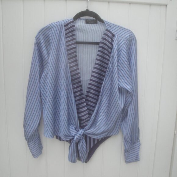 Zara Blue Striped Knot Plunging Bodysuit Small - Picture 6 of 8